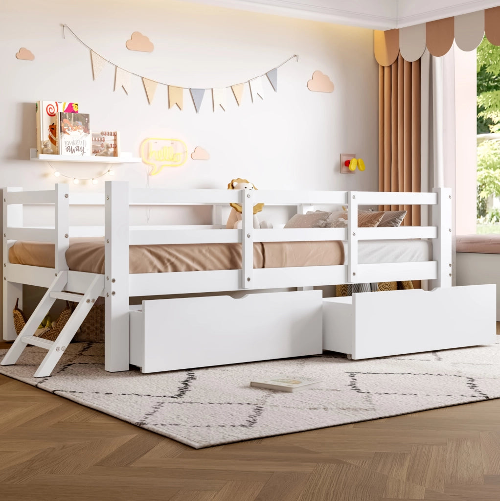 Letto singolo per bambini 90x200 cm con sponde e 2 cassetti in MDF e compensato bianco