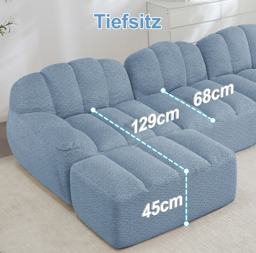 DIVANO Modulare 4 posti con pouf, rivestimento in pile granulato blu