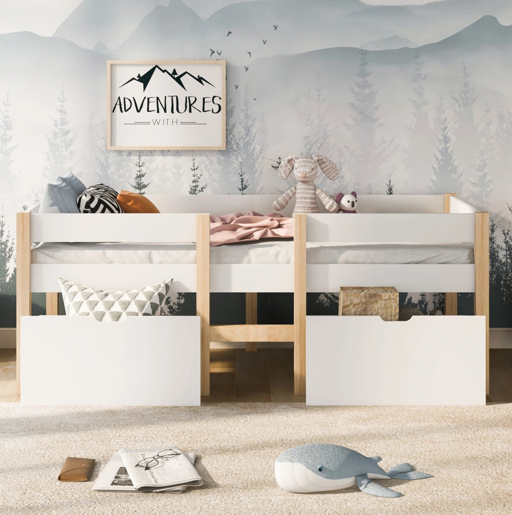 Letto contenitore per bambini 90x190 cm con scala e rete a doghe in legno di pino bianco, senza materasso