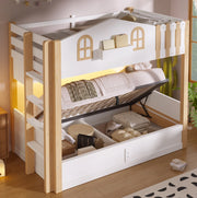 Letto a castello 90x200 cm stile casetta con contenitore idraulico; LED e scala reversibile
