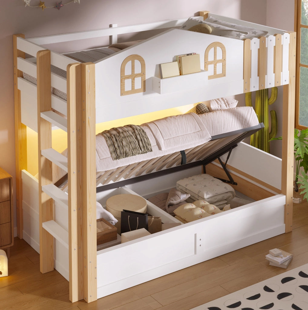 Letto a castello 90x200 cm stile casetta con contenitore idraulico; LED e scala reversibile