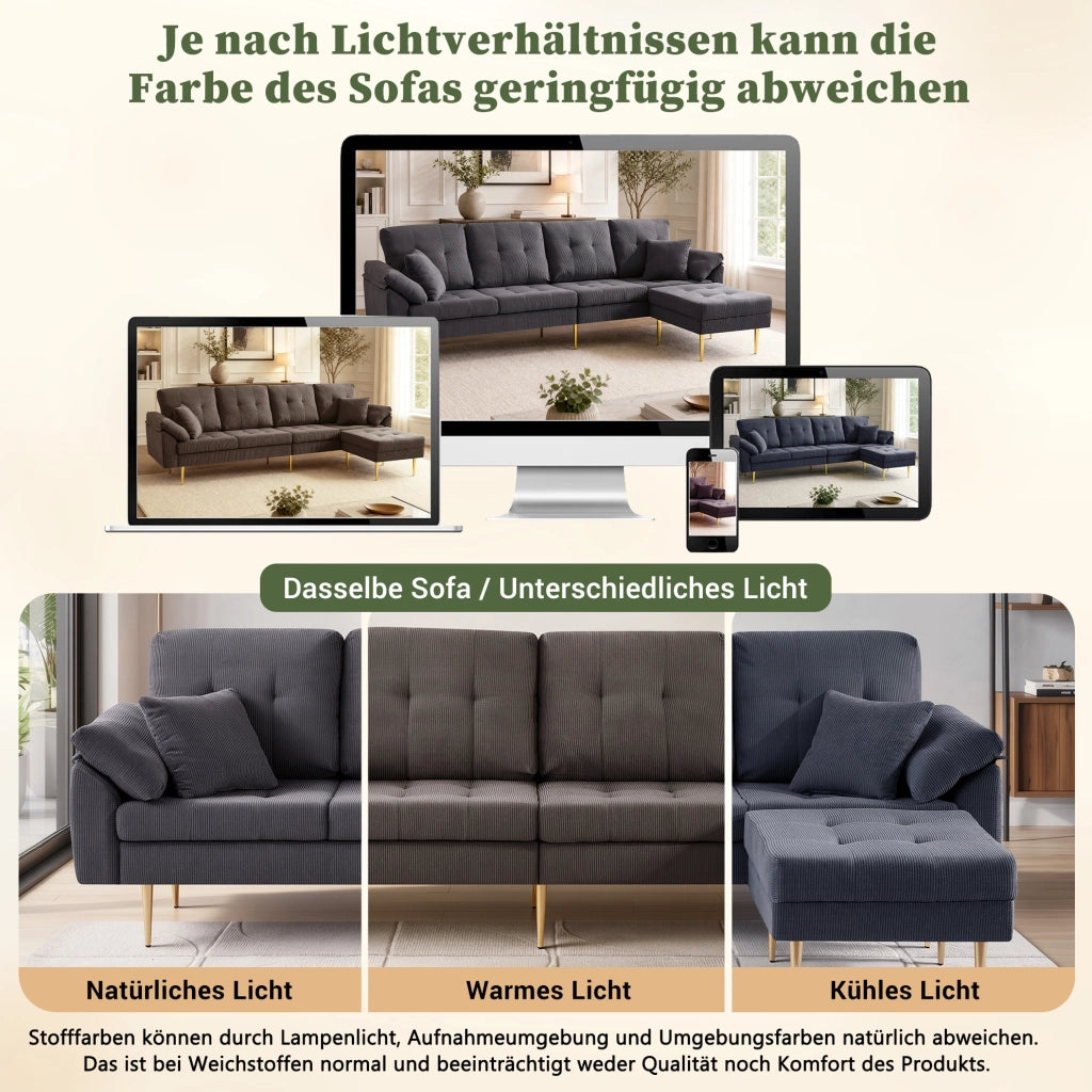 Divano 4 posti in velluto a coste grigio scuro con pouf, 250 cm