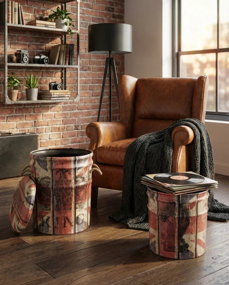 Set di 2 Pouf Contenitore Rotondi in MDF e PVC Panna e Rossi Lenny Multicolor