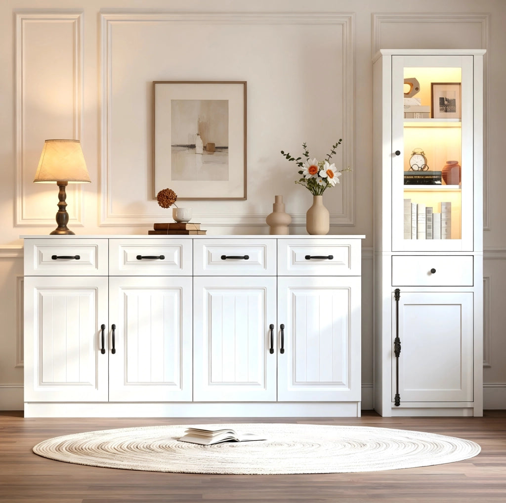 Set credenza e vetrina 160x35x80 e 55x40x200 cm in MDF e vetro; bianco con LED