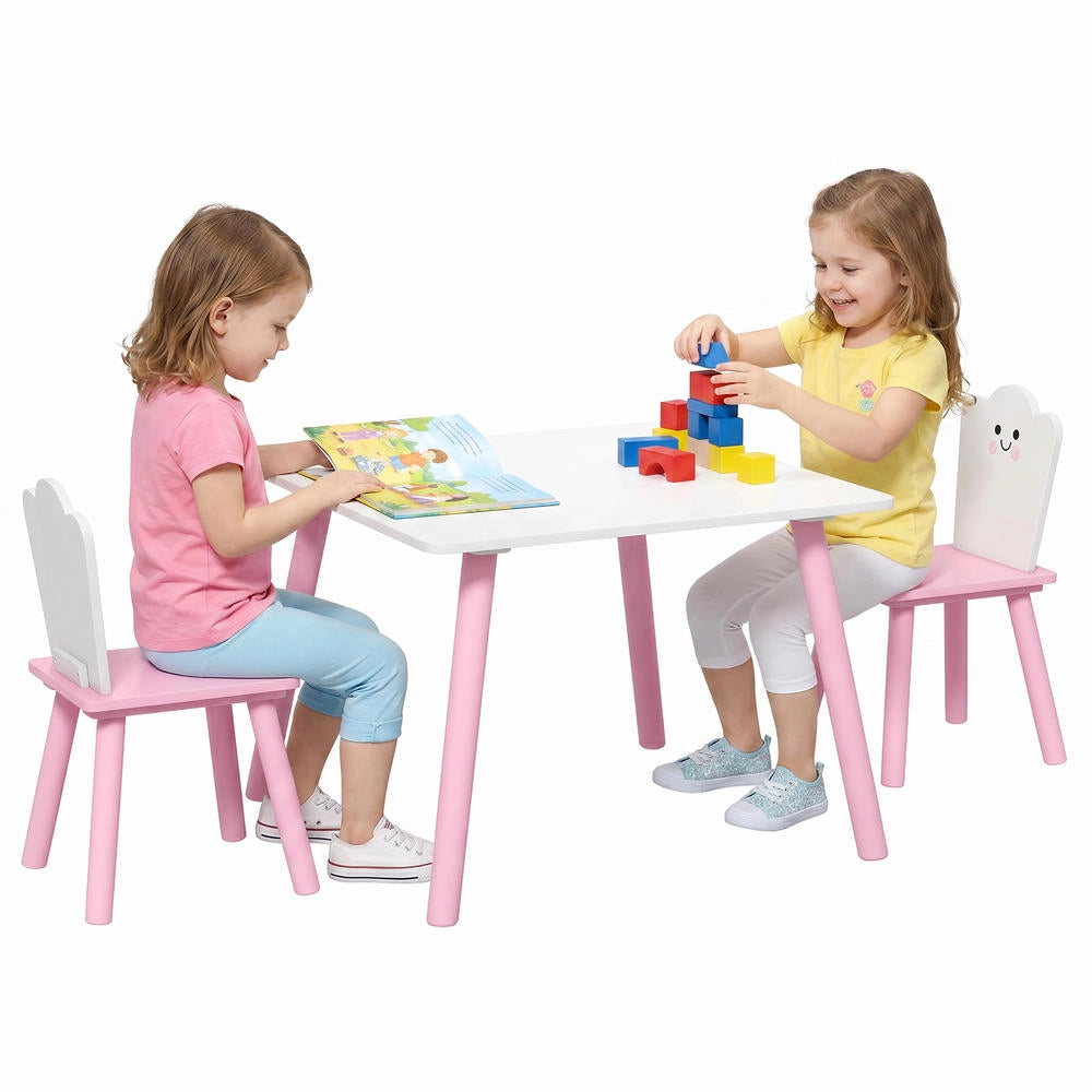 Set 3 pezzi tavolo e 2 sedie per bambini rosa e bianco con angoli arrotondati per cameretta e area giochi