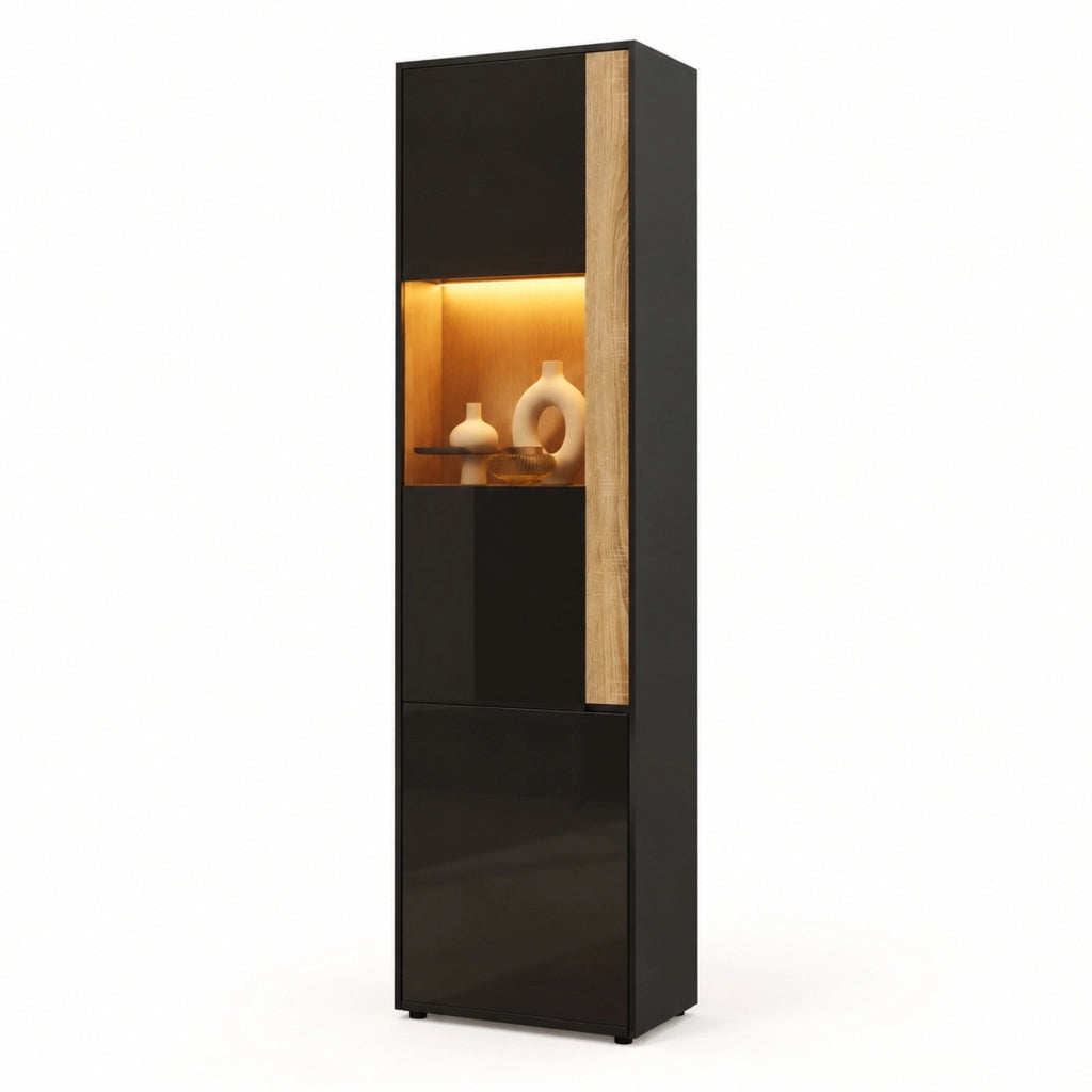 Mobile alto con illuminazione LED e 2 ante, nero e naturale