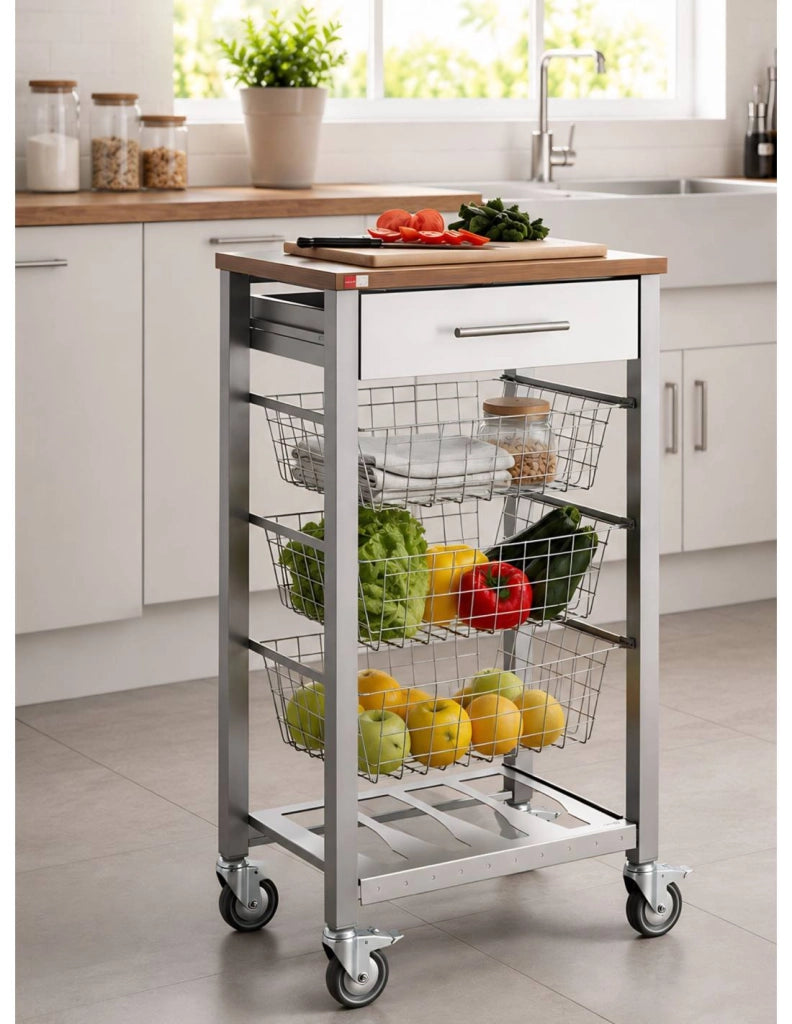 Carrello da cucina ONDA ALUMINIUM con ruote e 3 cestelli