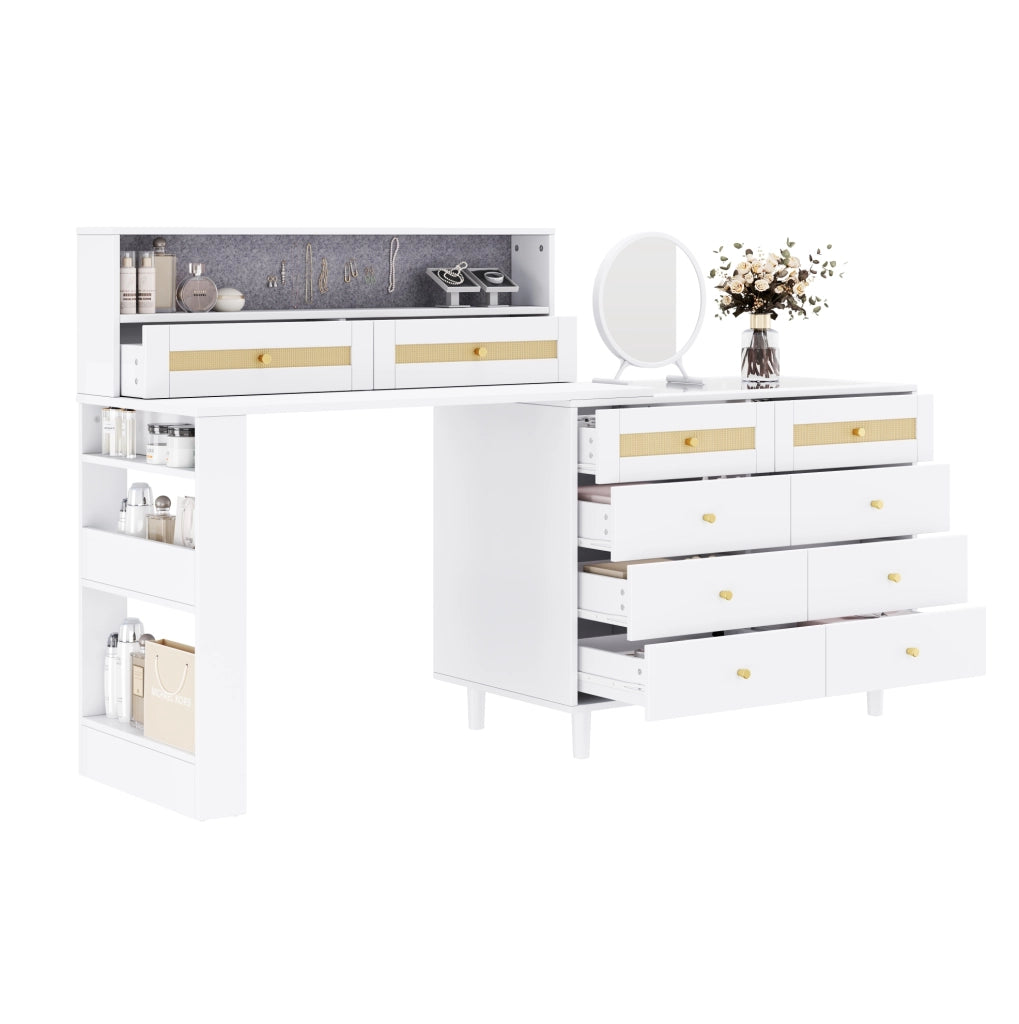 Toeletta bianca in MDF con specchio, 10 cassetti e piano in vetro