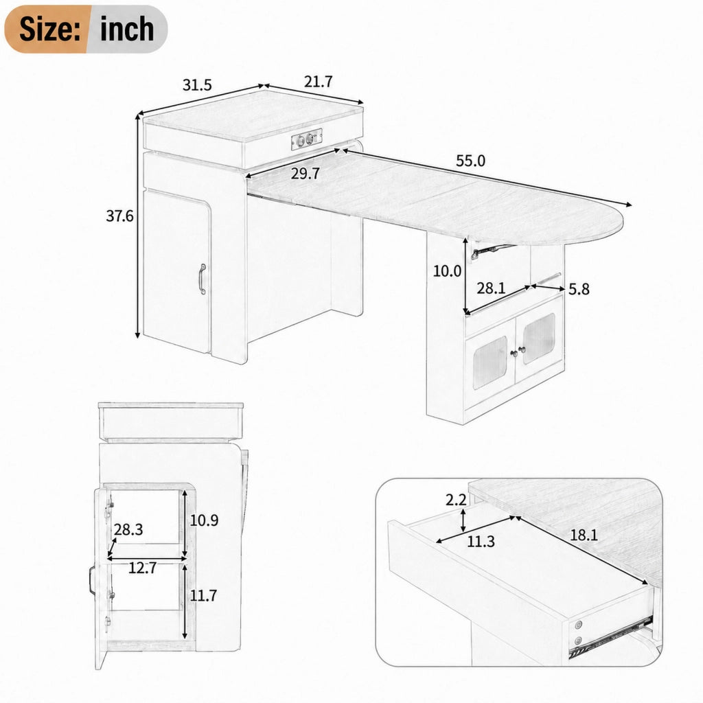 Isola da cucina bianca con tavolo estraibile, cassetti e luci LED