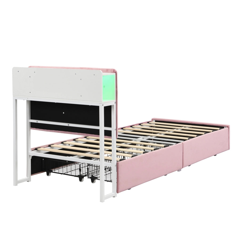 Letto imbottito per bambini 90x200 cm rosa con LED e cassetti
