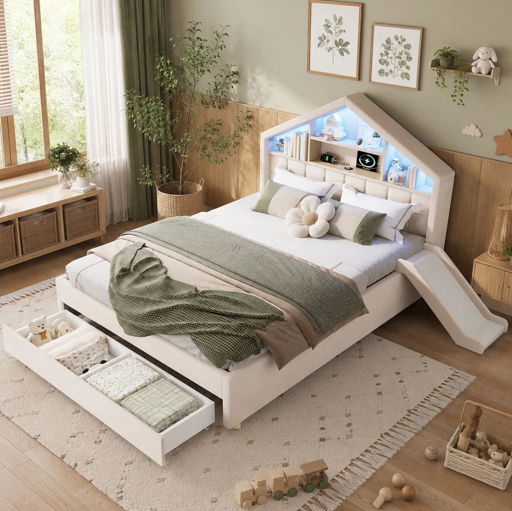 Letto per bambini imbottito beige 140 x 200 cm con scivolo e cassetto