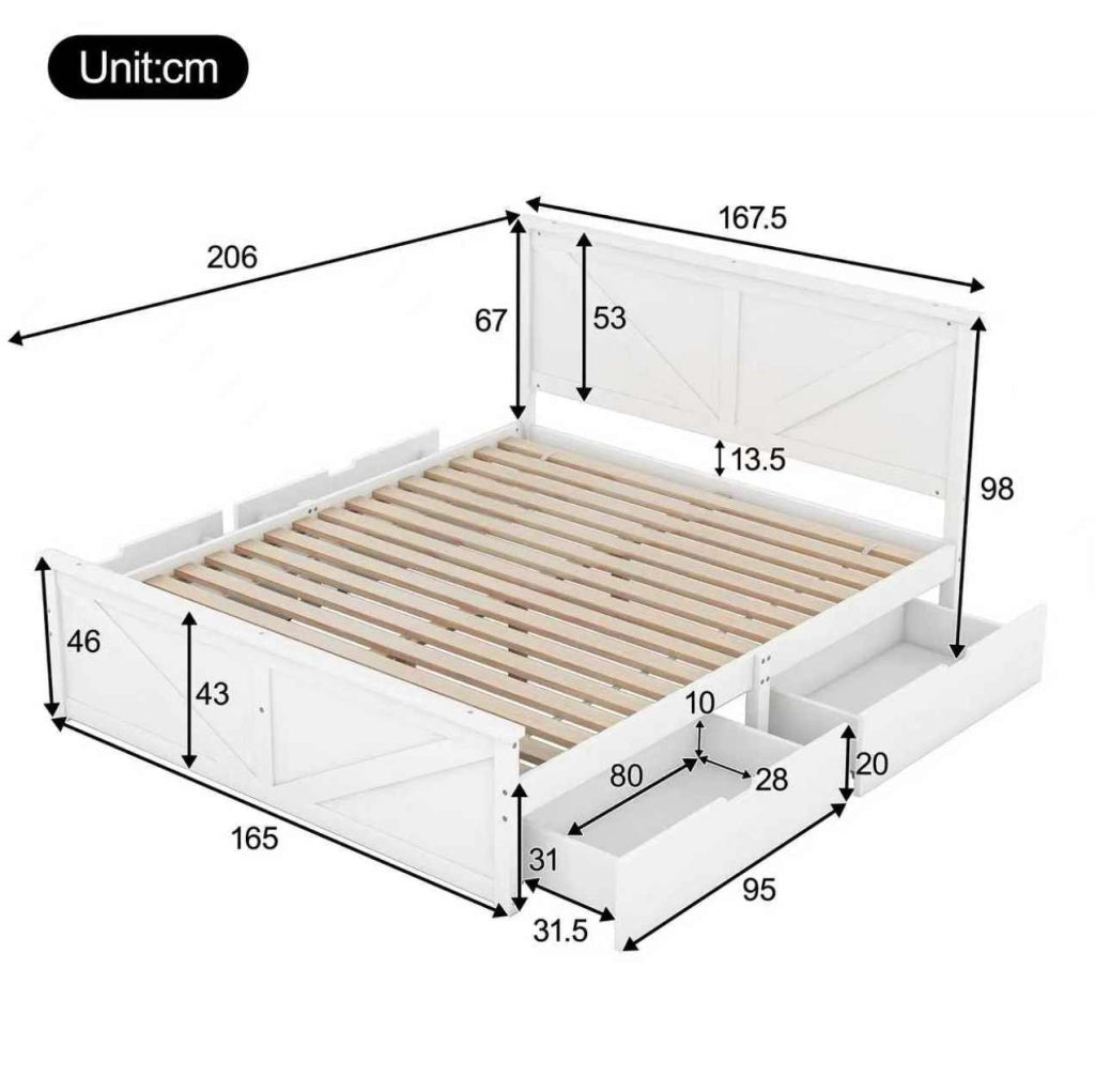 Letto matrimoniale 160x200 cm con 4 cassetti e testiera in pino e MDF bianco