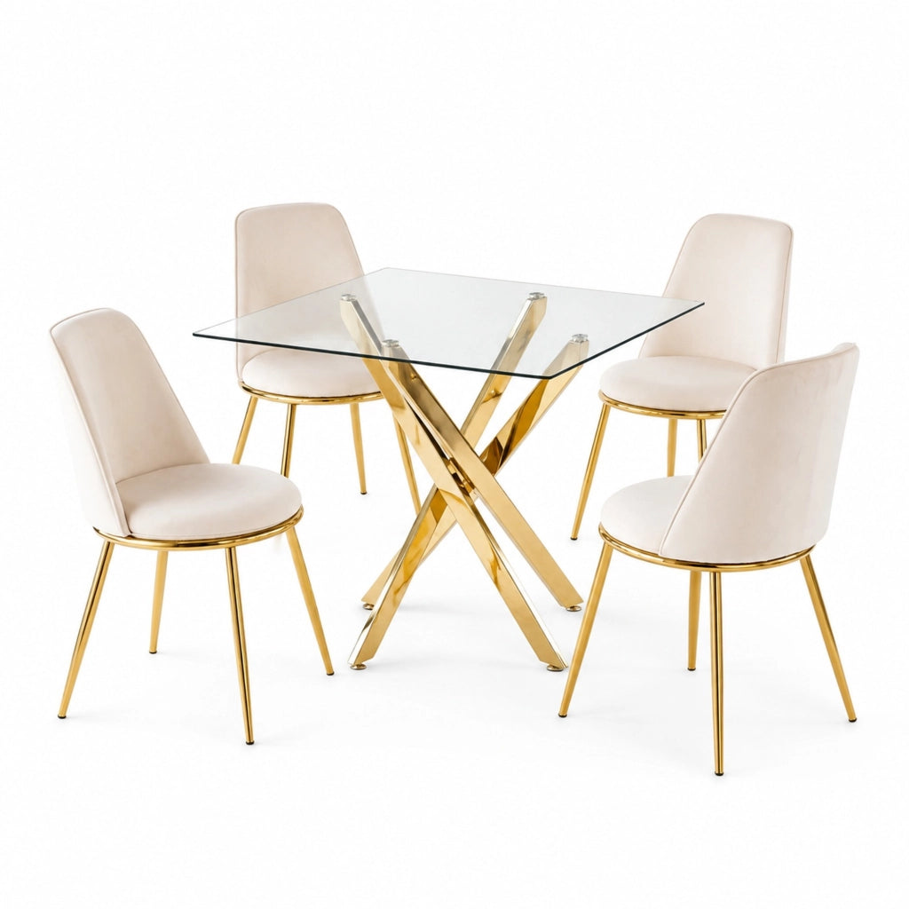 Set da pranzo con tavolo e 4 sedie in velluto, gambe dorate