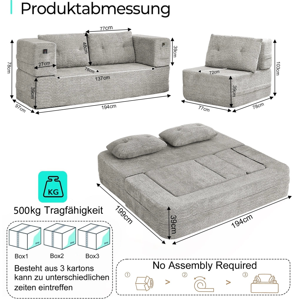 DIVANO modulare 2 posti trasformabile in letto con poltrona, grigio chiaro, set da 2 pezzi
