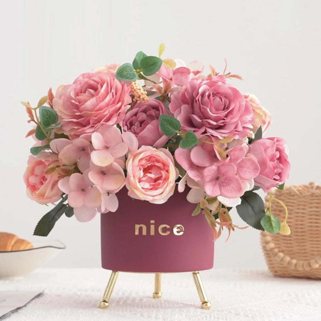 Composizione floreale artificiale, set da 2, con peonie di seta rosa e ortensie, altezza 29 cm