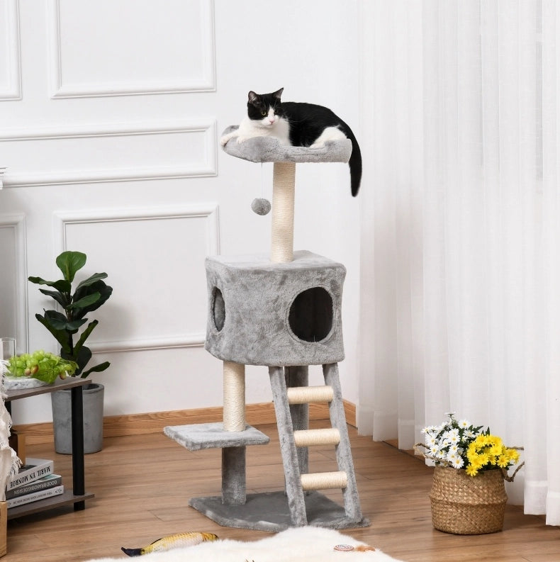 tiragraffi ad albero 120 cm grigio chiaro in peluche con cuccia, piattaforme e sisal