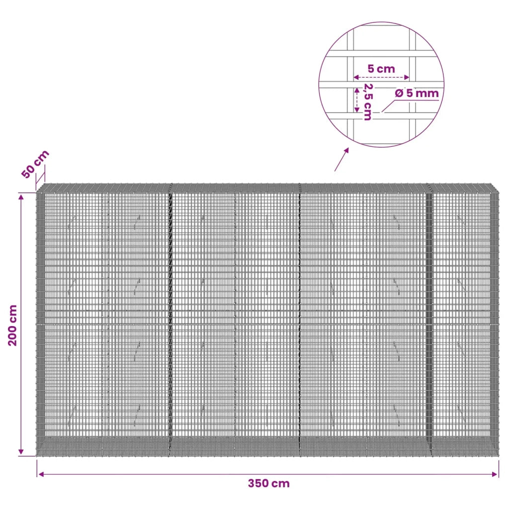 Gabione con Filo da 5 mm e Rete da 5x2,5 cm 350x50x200 cm 3463825