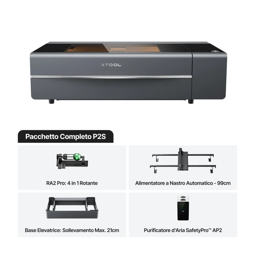 XTOOL Incisore Laser CO2 P2S 55W Grey Bundle con Conveyor, Riser, RA3 e AP2