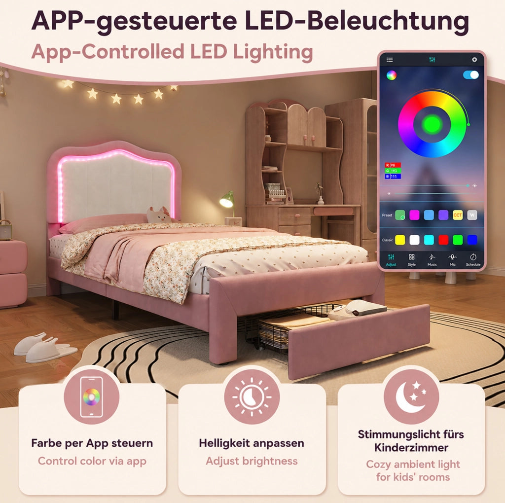 Letto singolo imbottito rosa 90 x 200 cm con cassetto e LED