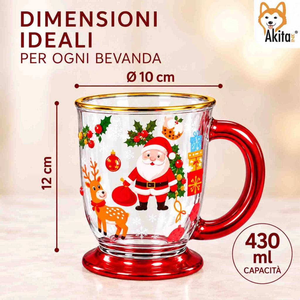 Akitaink Tazza Natalizia Mug Vetro Decorato Babbo Natale