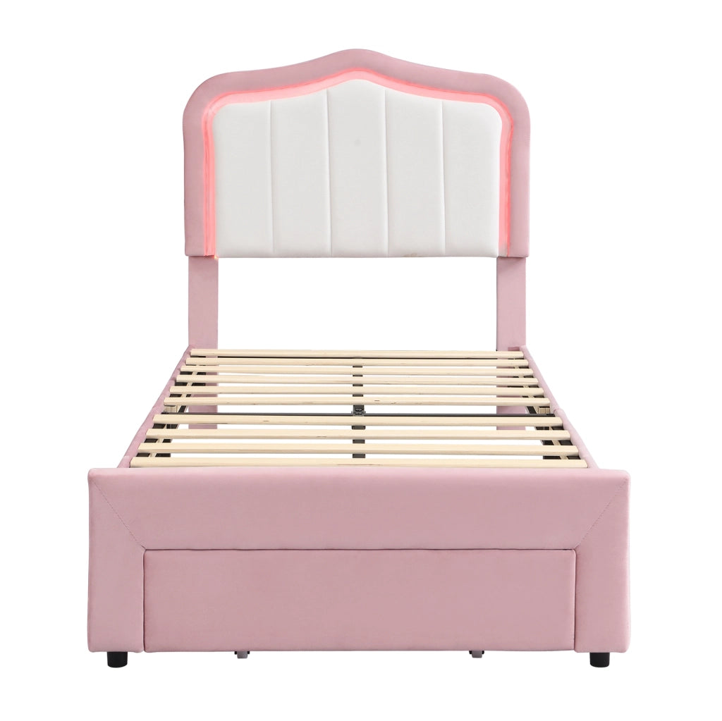 Letto singolo imbottito rosa 90 x 200 cm con cassetto e LED