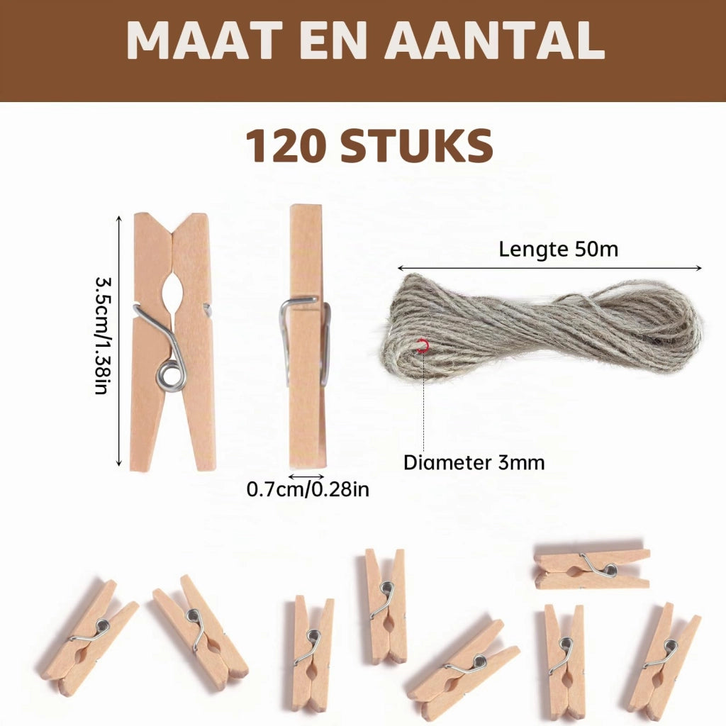 Ganci per stendere i panni in legno, 120 pezzi, dimensioni 3,5x0,7 cm, con 50 metri di corda