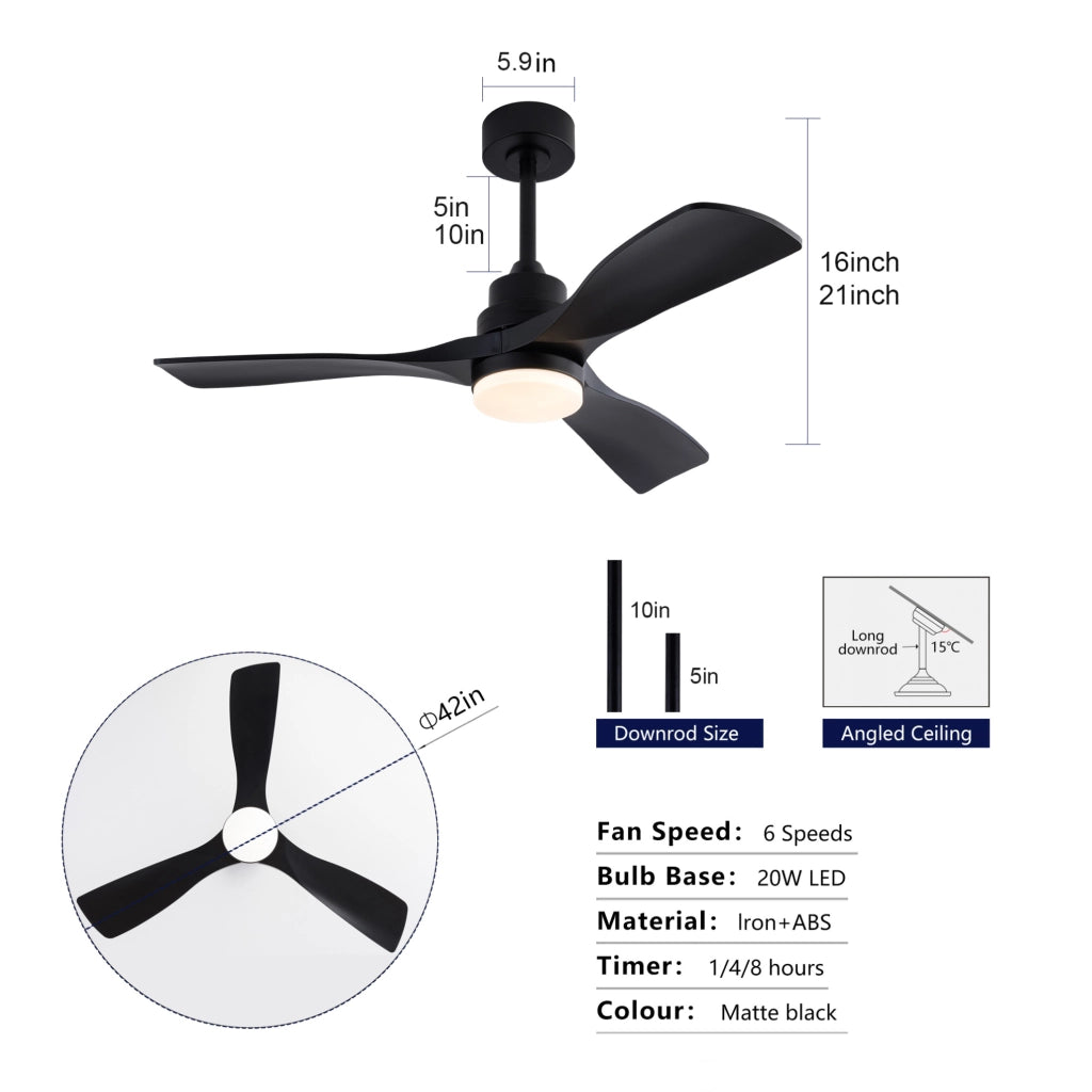 VENTILATORE da soffitto con luce LED e telecomando, 3 pale in ABS da 106,68 cm, nero
