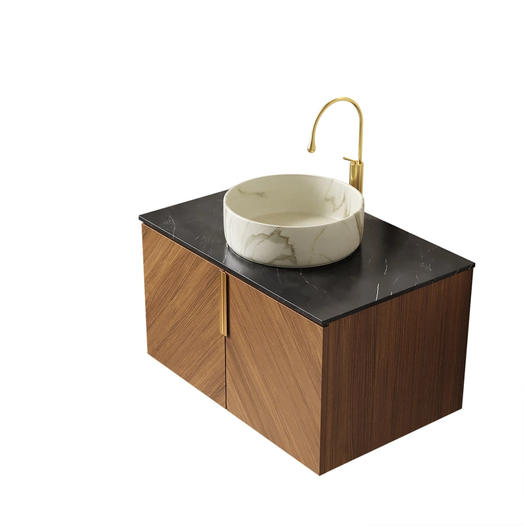 Mobile lavabo sospeso 76 cm, lavabo ceramica bianca, top nero, compensato marrone