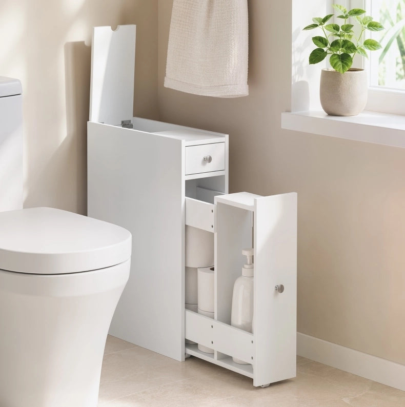Mobile bagno stretto bianco con 2 cassetti e vano aperto