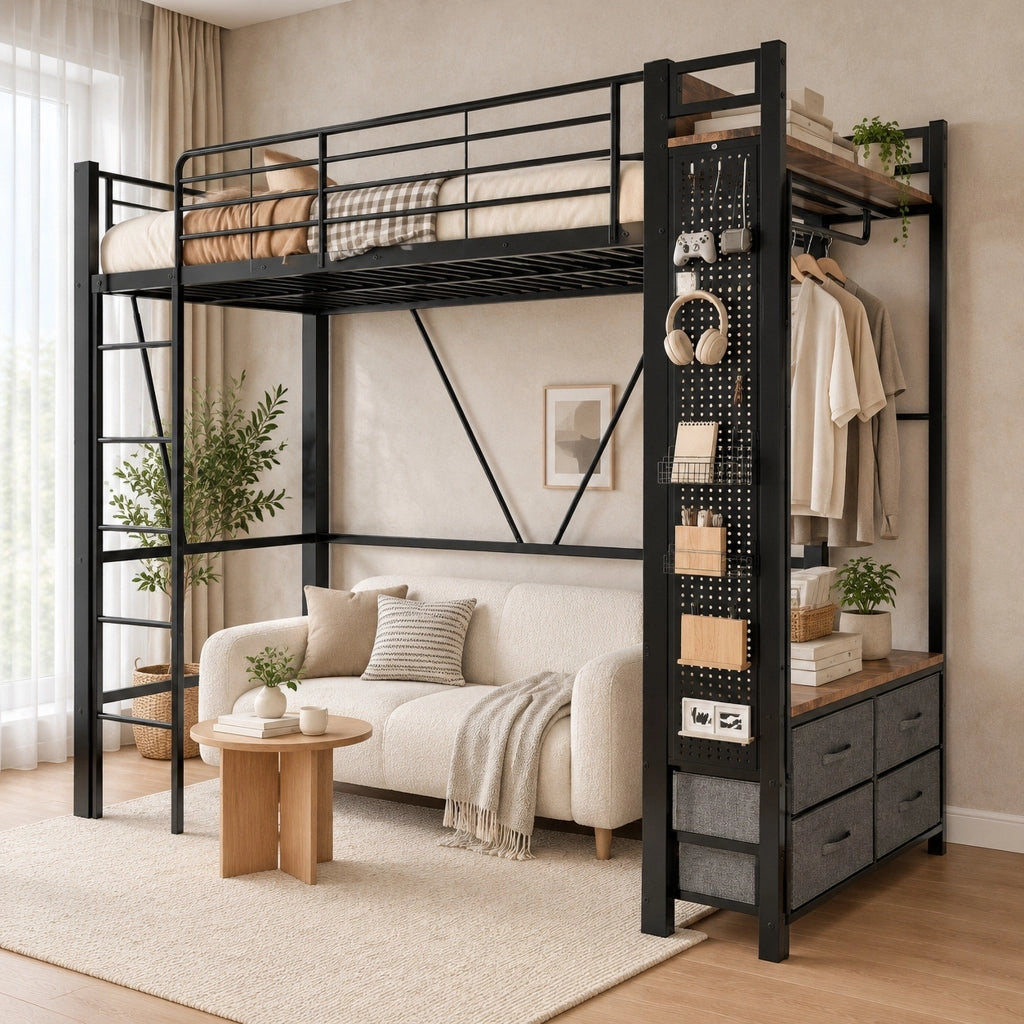 Letto a soppalco 90x200 nero con LED, USB, Type-C e materasso