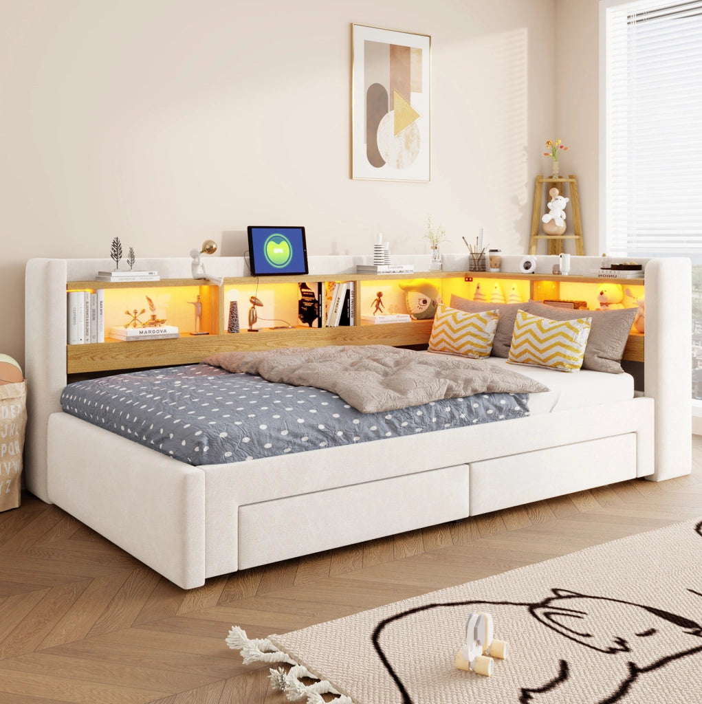 Divano letto 3 in 1 beige e grigio 90x200 cm con LED e presa