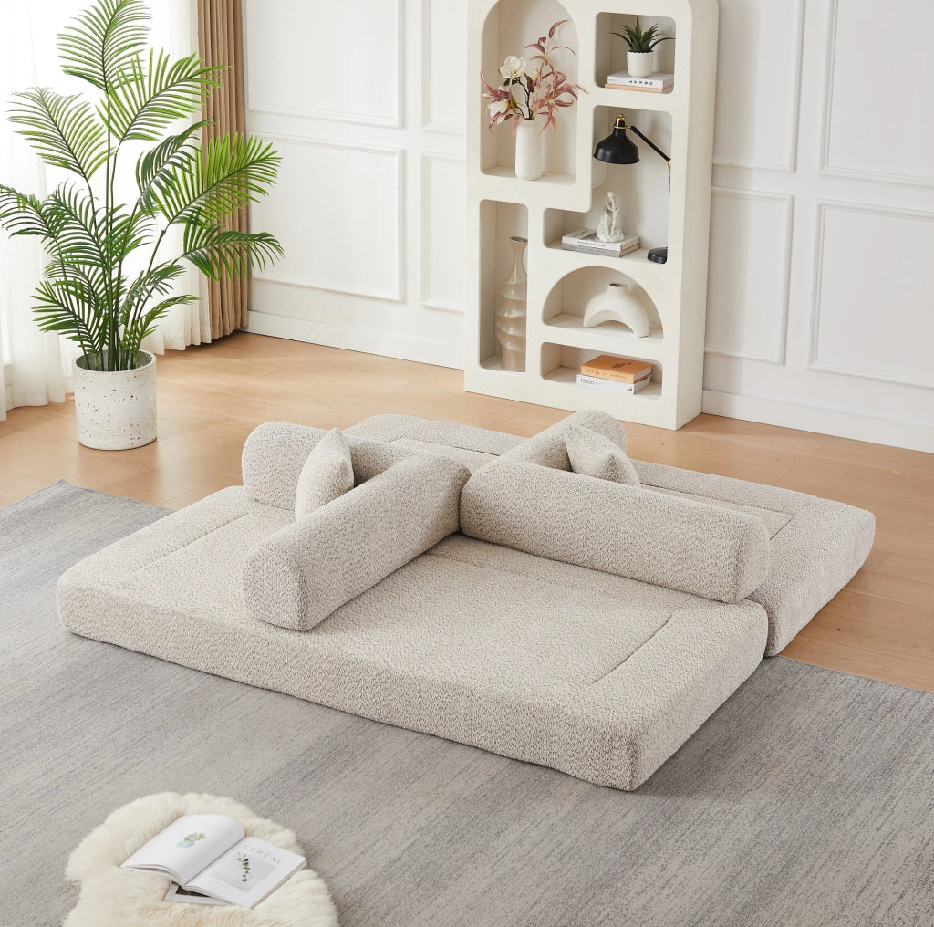 Divano letto modulare 4 in 1 in ciniglia beige con 4 cuscini
