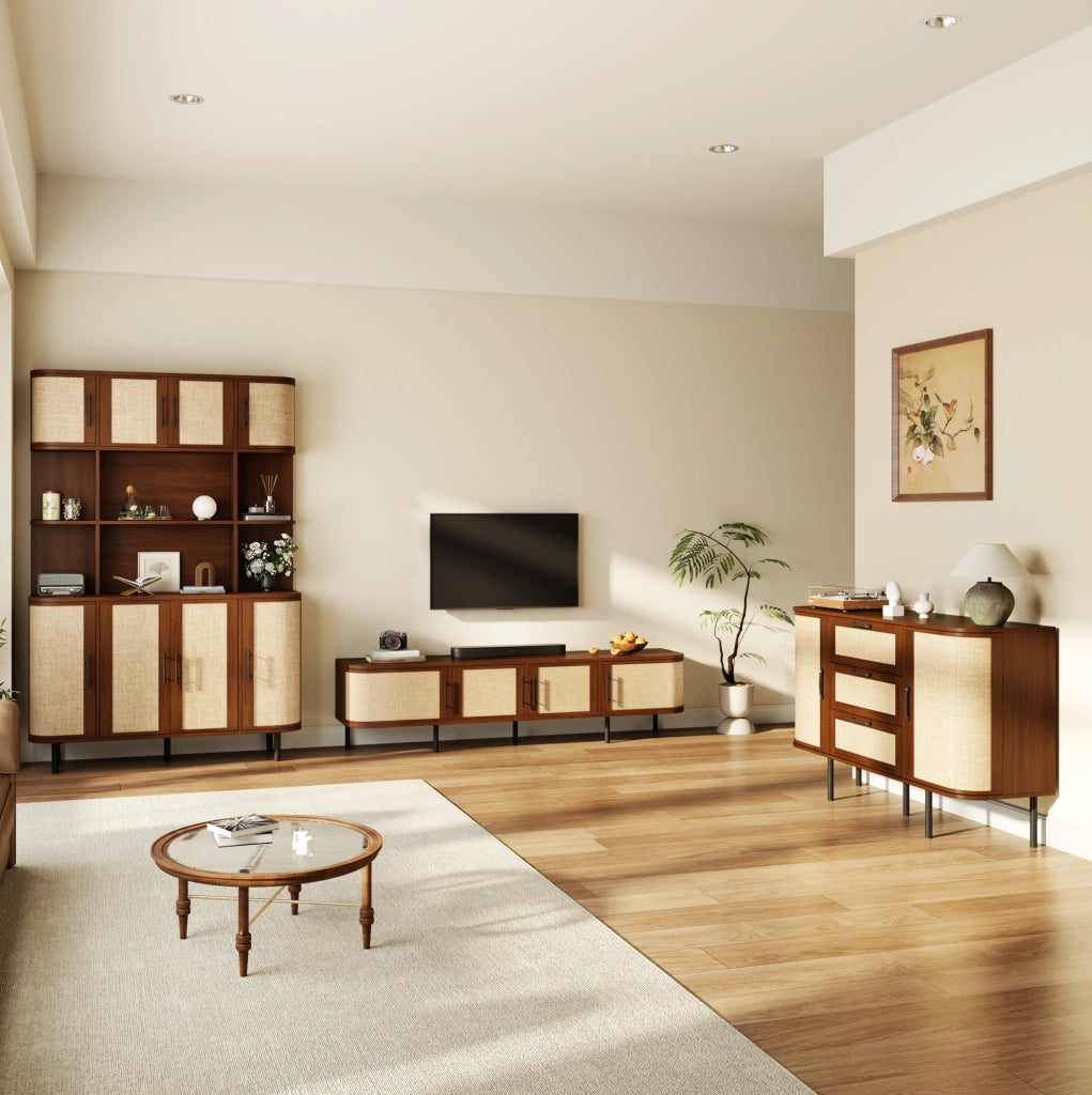 Set di mobili color noce con mobile TV, credenza e armadio alto