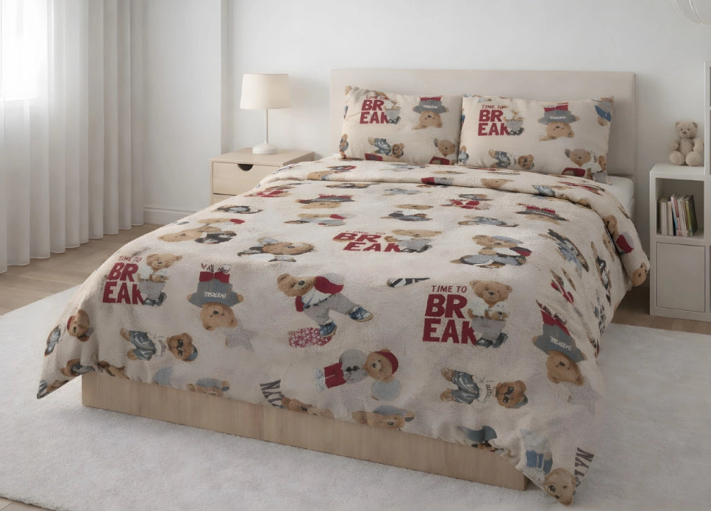 Sacco Copripiumino In Morbida Flanella 100% Cotone Disegno Teddy - Matrimoniale - Beige