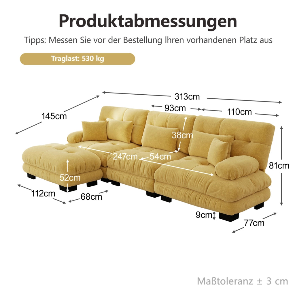 DIVANO Modulare in Chenille Giallo con pouf mobili