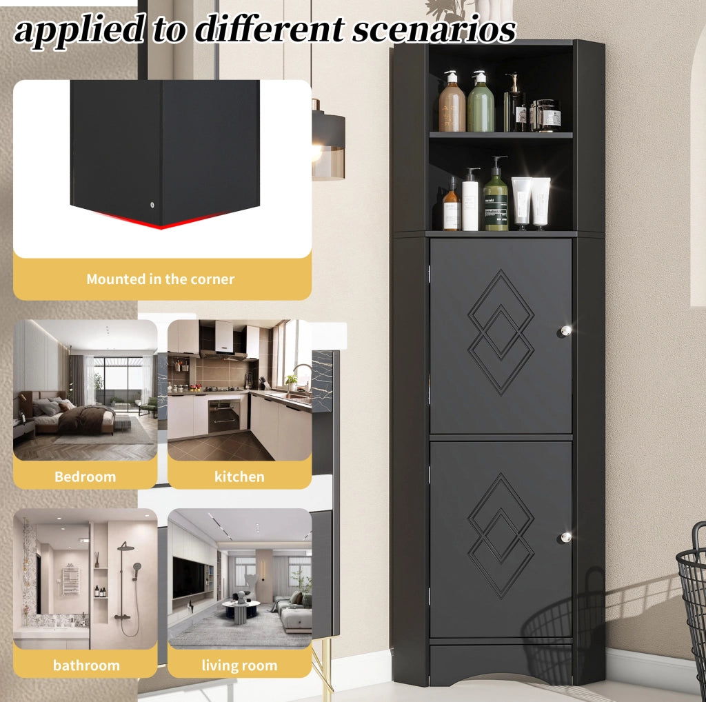 Mobile da bagno angolare con due ripiani e vano aperto regolabile, 36,5x36,5x155 cm, nero
