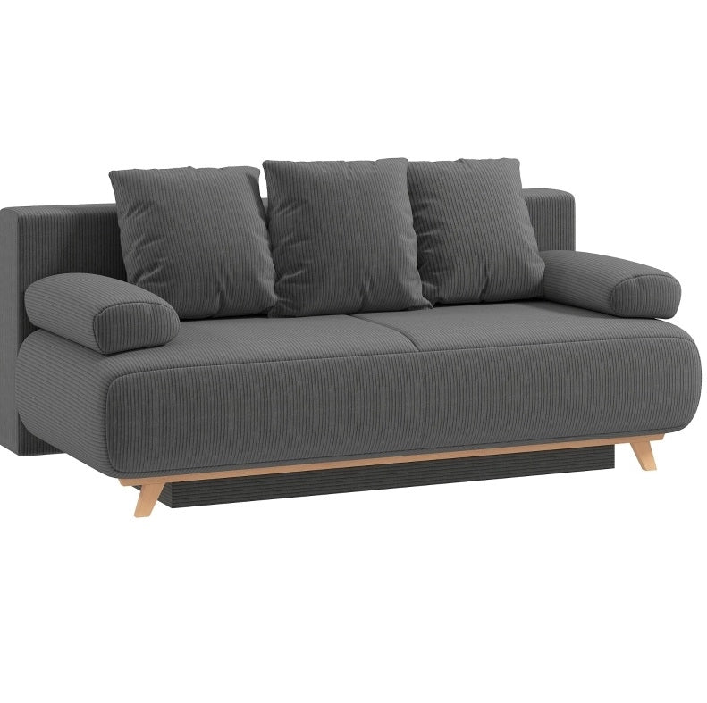 Divano letto 3 posti grigio con rivestimento a coste e vano contenitore