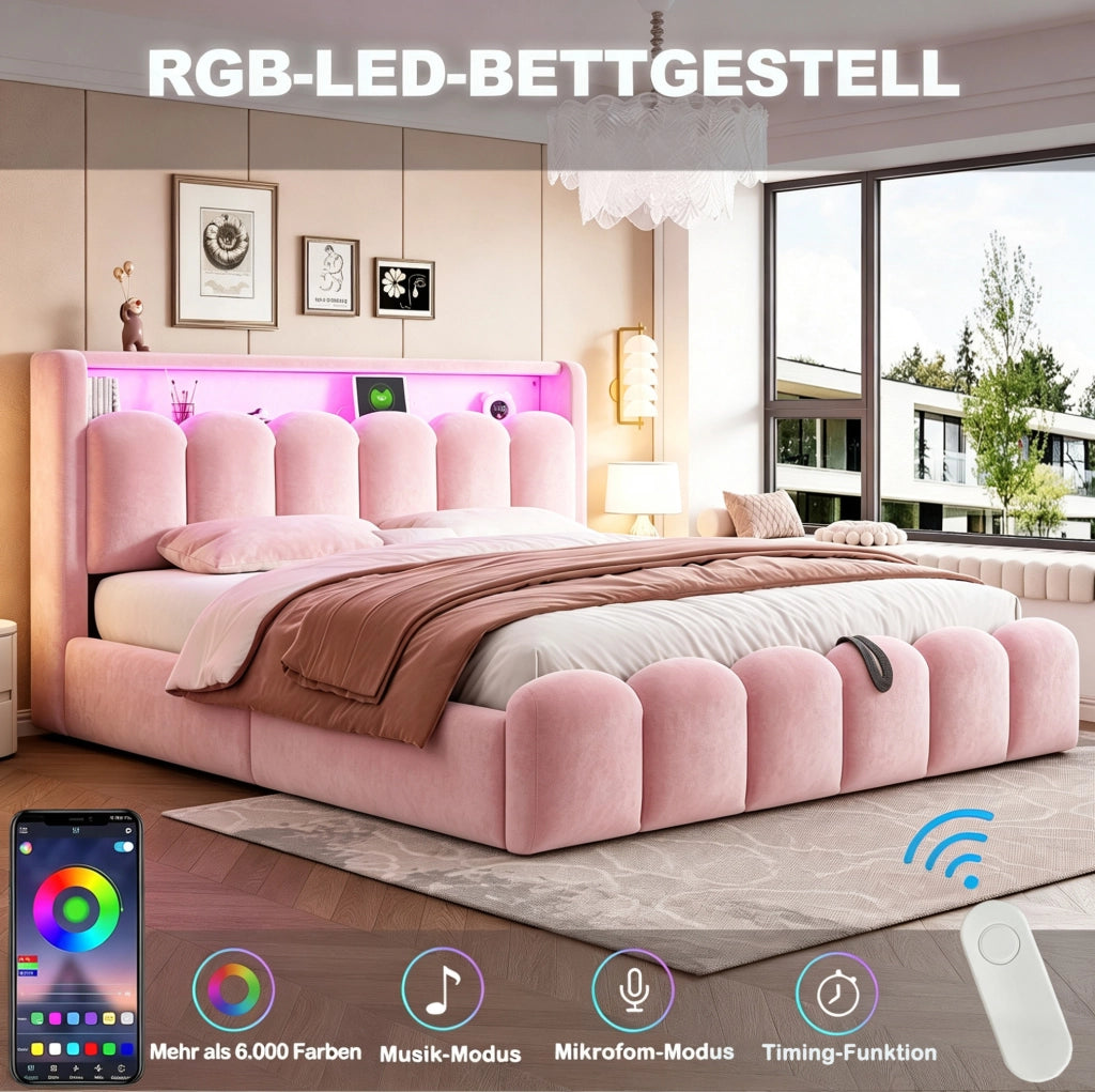 Letto imbottito rosa 180 x 200 cm con contenitore e luci integrate