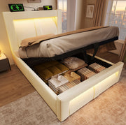 Letto contenitore singolo 90x200 cm in velluto beige, con contenitore idraulico, LED, USB e Type-C, con materasso