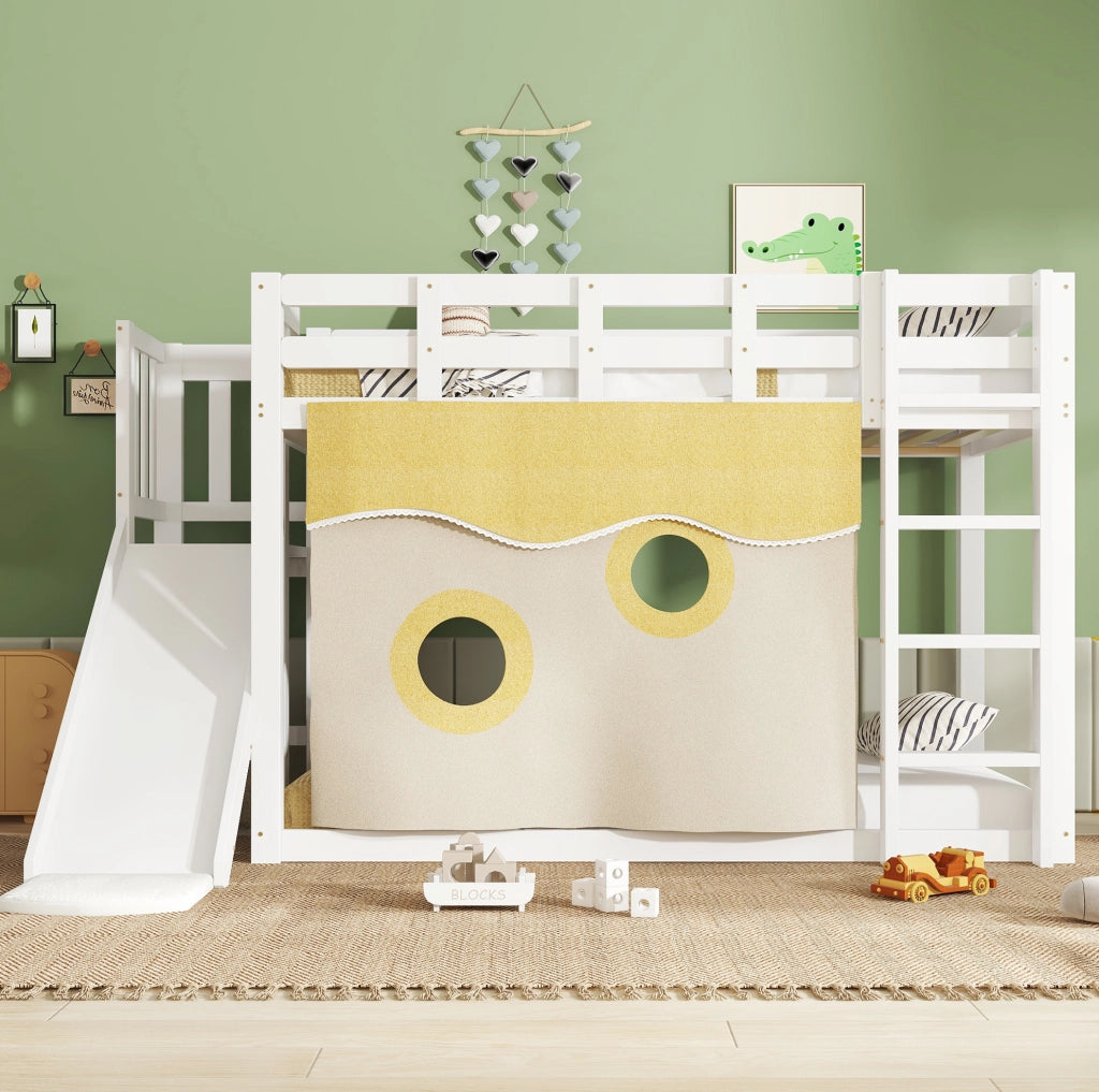 Letto a soppalco per bambini 90x200 cm con scala; scivolo e tende in pino e MDF bianco