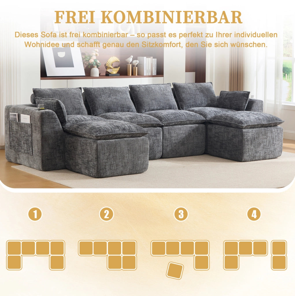 Divano modulare in ciniglia grigio scuro 322 × 161 × 75 cm