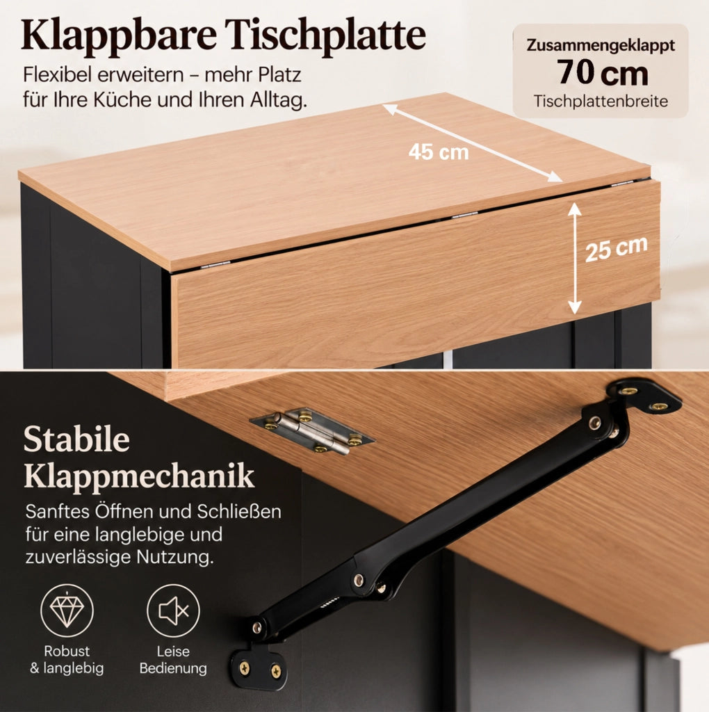 Isola cucina mobile 110 cm con piano ribaltabile, cassetti e ruote