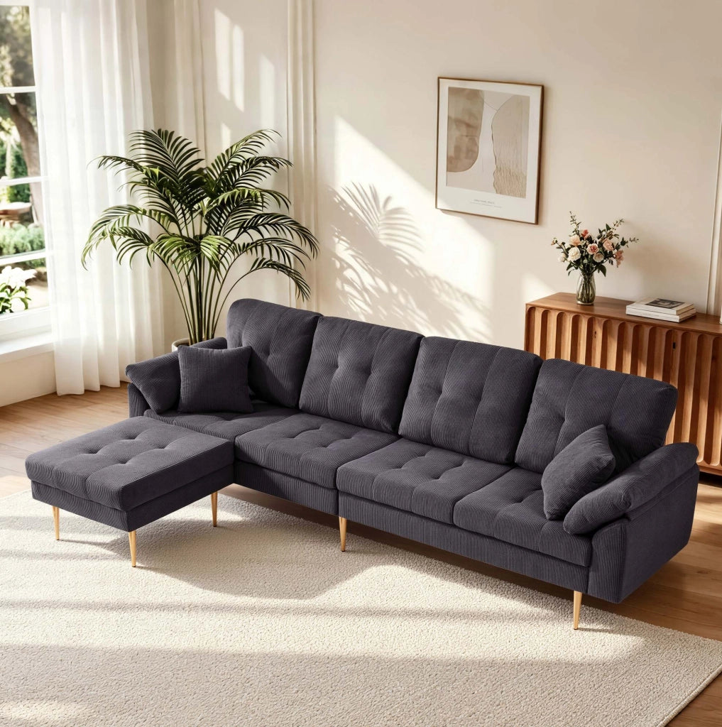 Divano 4 posti in velluto a coste grigio scuro con pouf, 250 cm