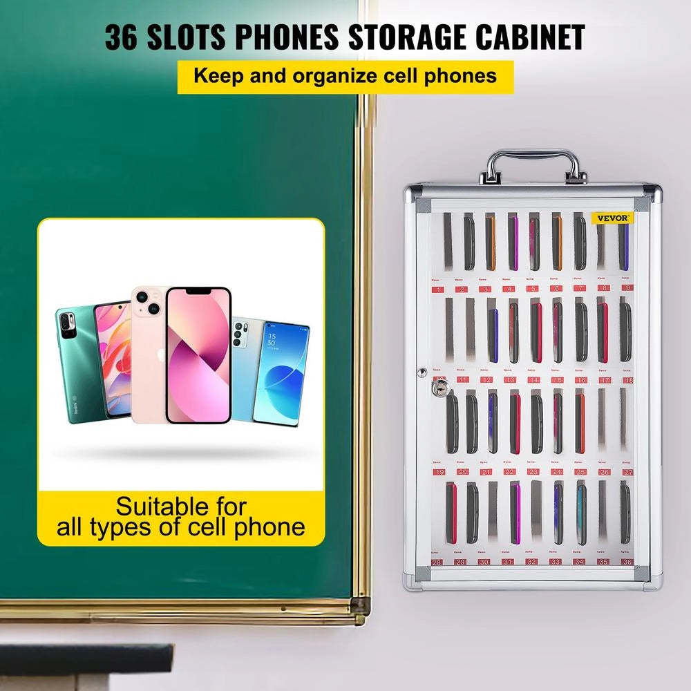 Armadietto Porta Cellulari 36 Slot SY606-36 in Lega di Alluminio Argento con Serratura a Chiave e Maniglia per Ufficio e Aula 32x20x51 cm