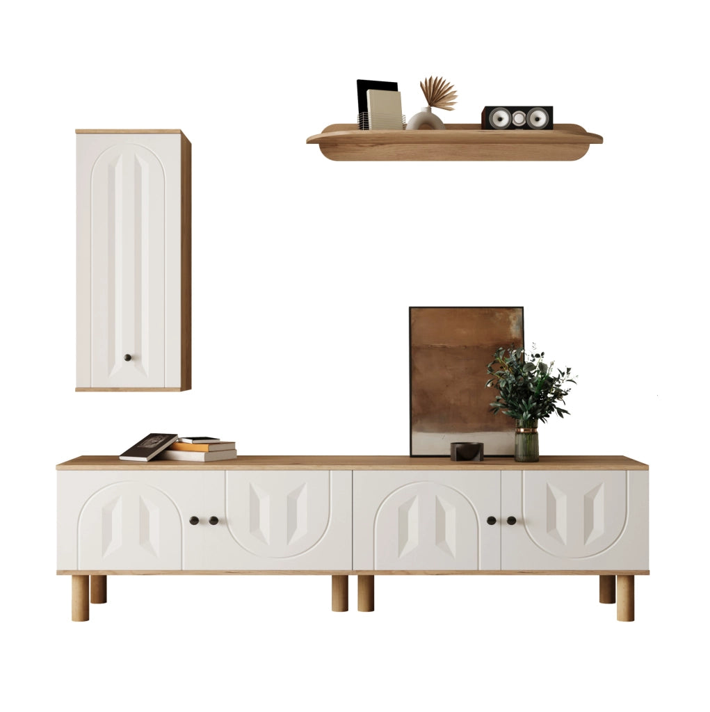 Mobile TV con contenitore 170 cm bianco e legno per soggiorno