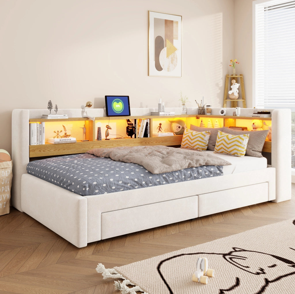 Divano letto estraibile 90x200 cm con LED, prese e cassetti
