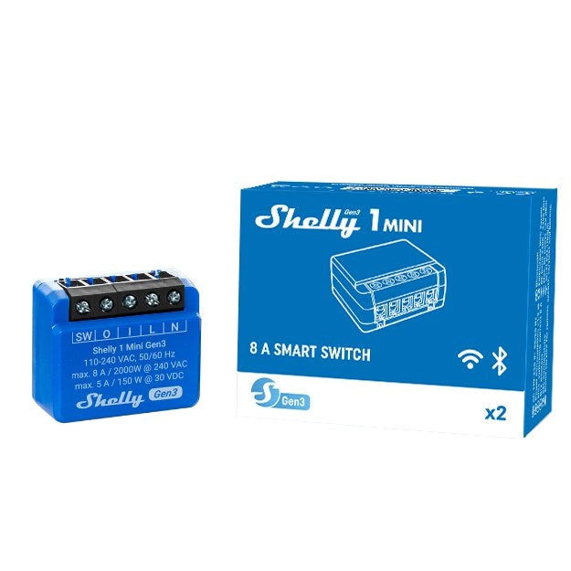 Shelly 1 Mini Gen 3. Relè WiFi e Bluetooth. 1 Canale 8A. automatizzazione di luci e pulsanti. Contatti a Secco