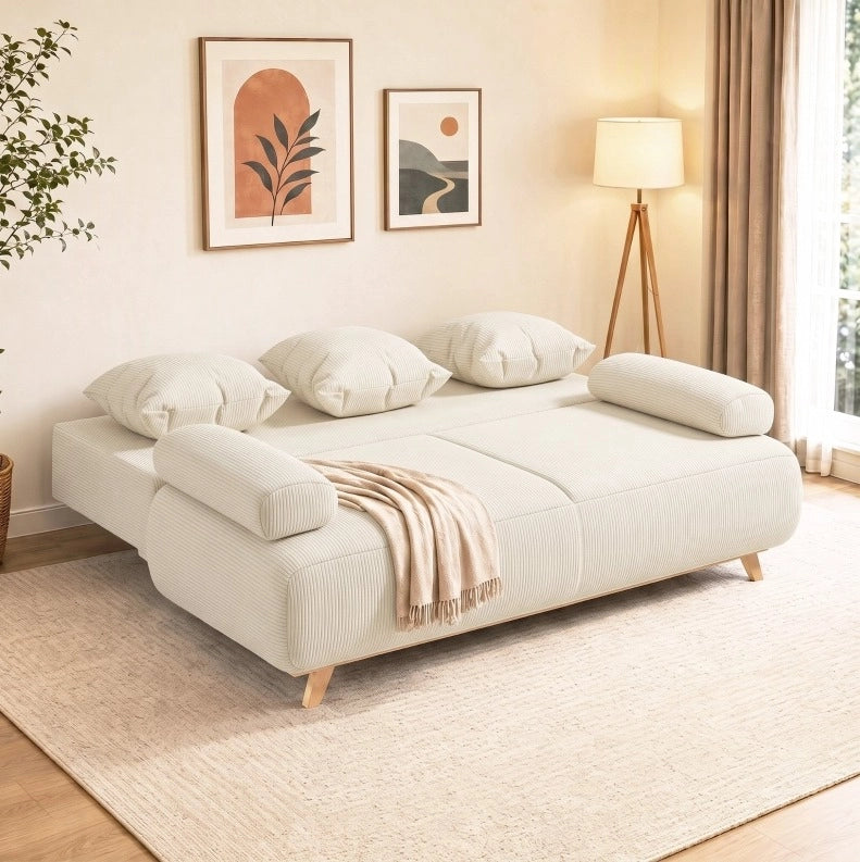 Divano letto 3 posti beige in corduroy con vano contenitore