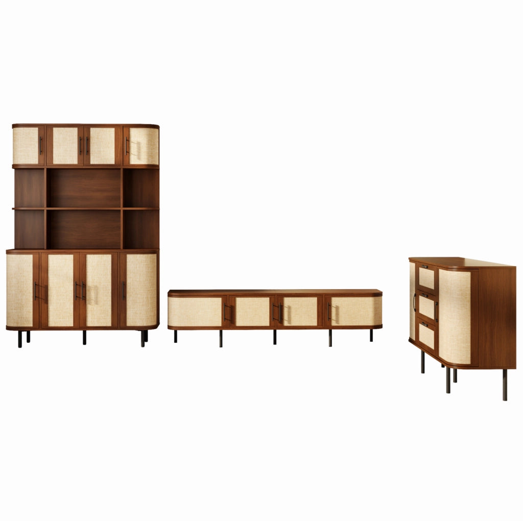 Set di mobili color noce con mobile TV, credenza e armadio alto