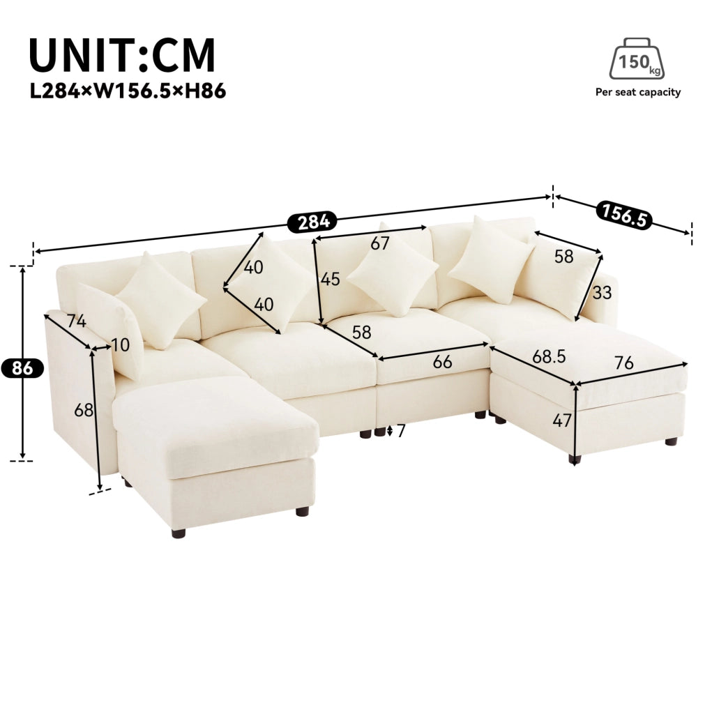 Divano modulare in ciniglia beige 4-6 posti con 2 pouf
